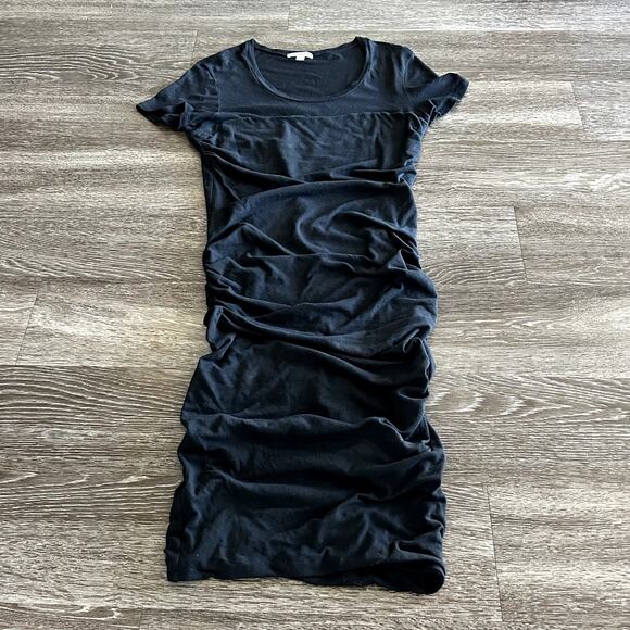 James Perse Black Ruched T-Shirt Midi Dress Women’s Size Large 3 Cotton Stretch - Picture 13 of 16